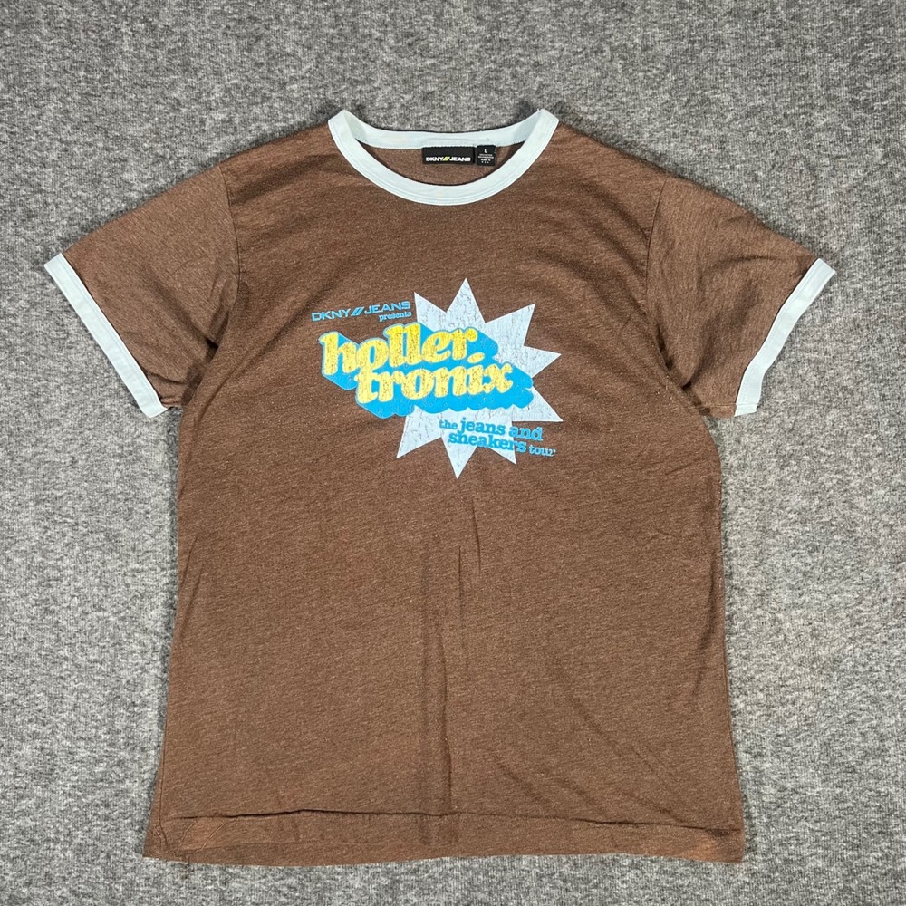 Vintage DKNY Hollertronix FADER Diplo Tour Ringer T-Shirt Brown Large Y2K Rare